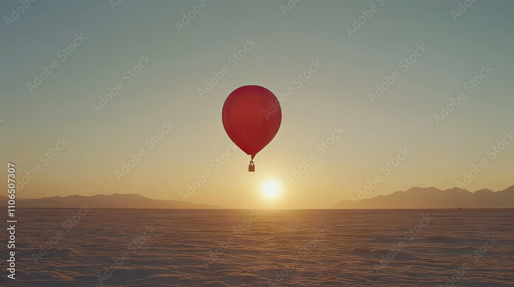 Bright Red Balloon Floating in Serene Landscape Bright Red Balloon Floating in Serene Landscape