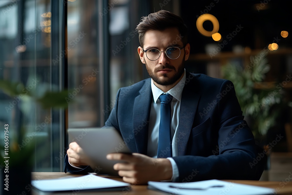 Businessman using tablet in cafe. Concept of modern business, digital work, and professional.
