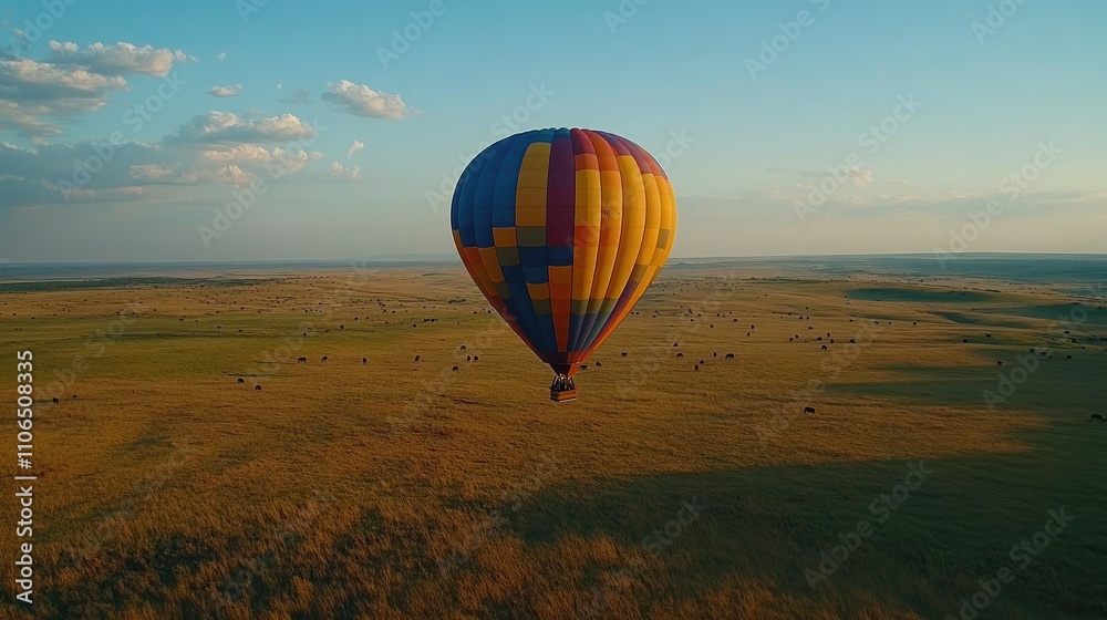 Naklejka premium Colorful Hot Air Balloon Lifting Off in Open Landscape