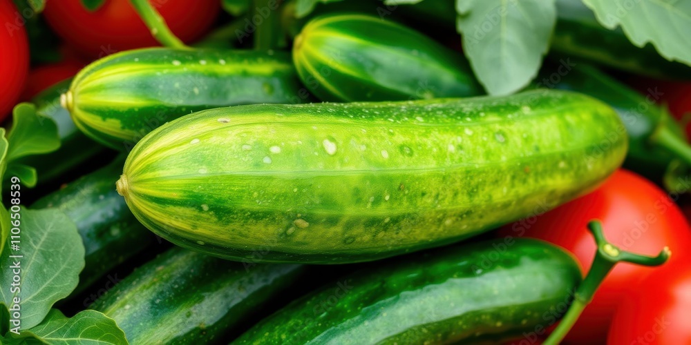 Close up of ripe tomatoes and cucumbers freshly harvested from a garden, delicious, cucumbers Close up of ripe tomatoes and cucumbers freshly harvested from a garden, delicious, cucumbers