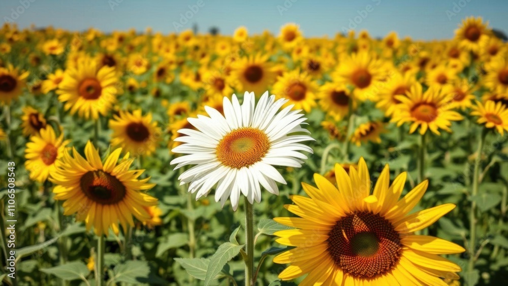 A group of white sunflowers swaying gently in the breeze against a clear blue sky, outdoors, garden A group of white sunflowers swaying gently in the breeze against a clear blue sky, outdoors, garden