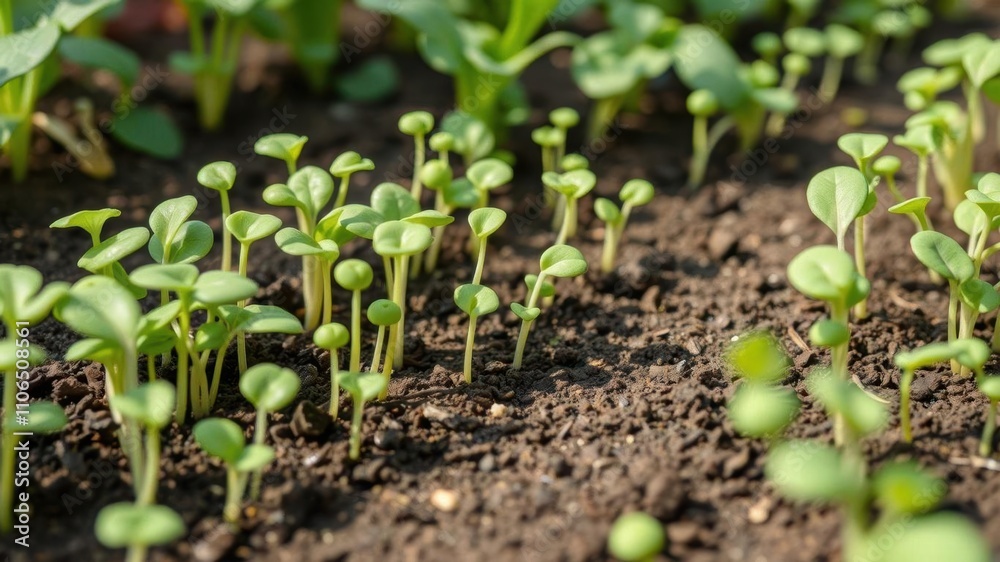 A small germinated pea sprout with visible green leaves growing out of the soil, fresh produce, organic A small germinated pea sprout with visible green leaves growing out of the soil, fresh produce, organic