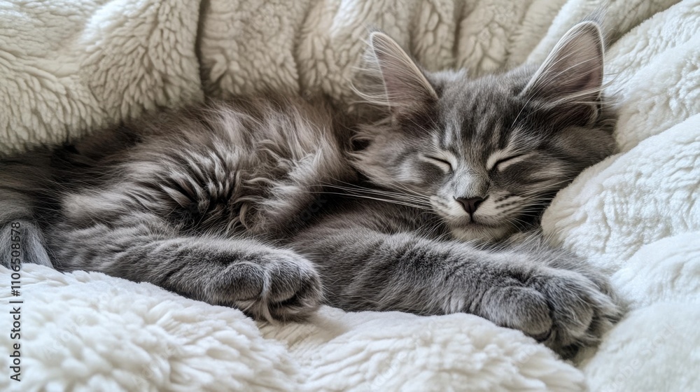 Fluffy Gray Kitten Sleeping on Soft Blanket Fluffy Gray Kitten Sleeping on Soft Blanket