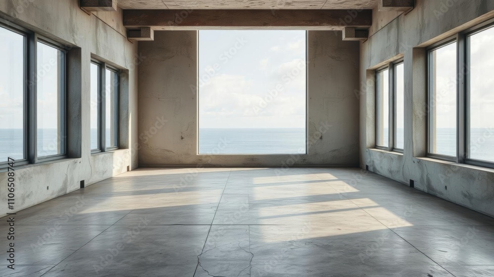 Fototapeta premium Empty modern concrete room with high narrow windows, rough floor, and ocean view, creating an industrial interior background template, empty, background template