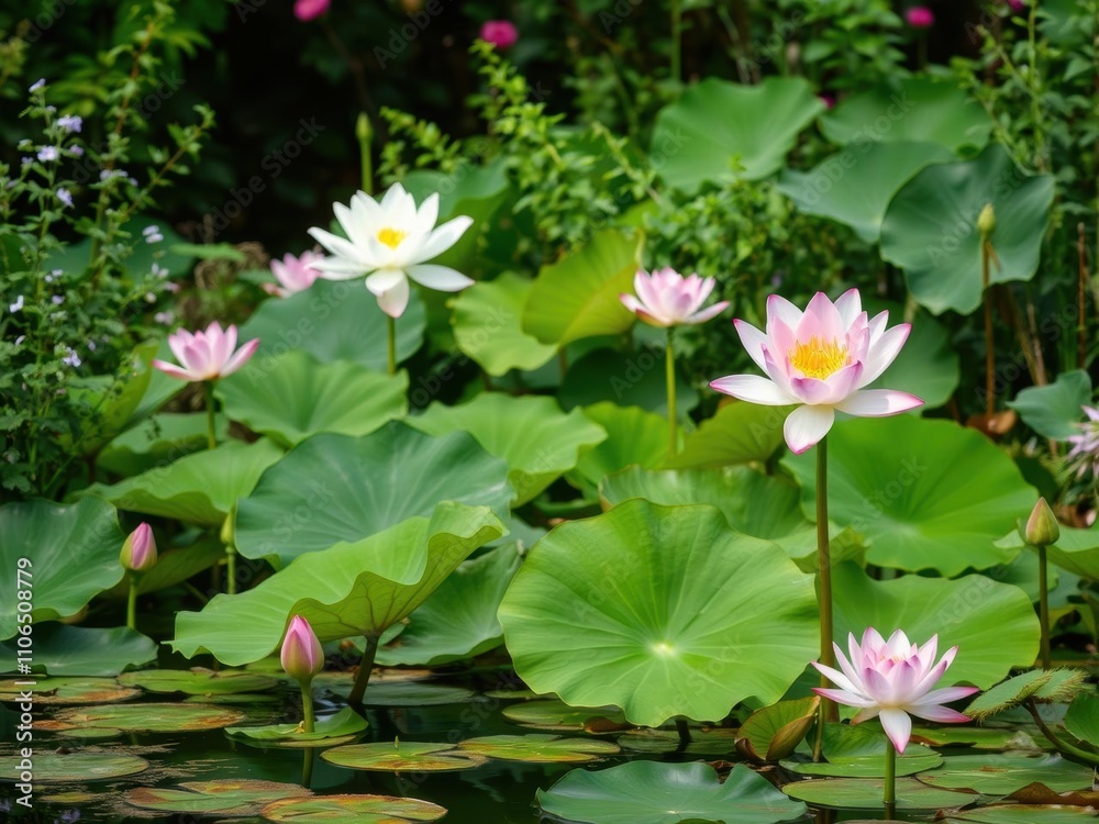 Water's edge with lotus flowers and blurred water lilies on the surface, flower, water Water's edge with lotus flowers and blurred water lilies on the surface, flower, water