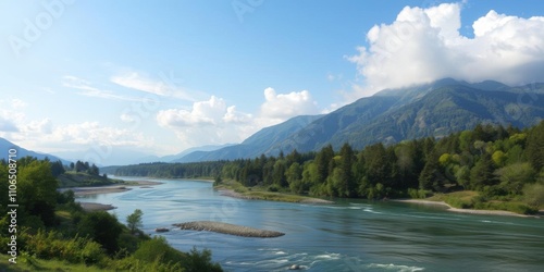 Narrow river flowing between lush trees and greenery, with a majestic mountain in the background under a cloudy sky, serene, greenery