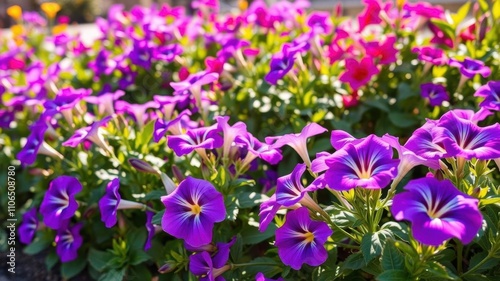Vibrant purple petunia flowers blooming in a garden during Spring season, beautiful, flowers