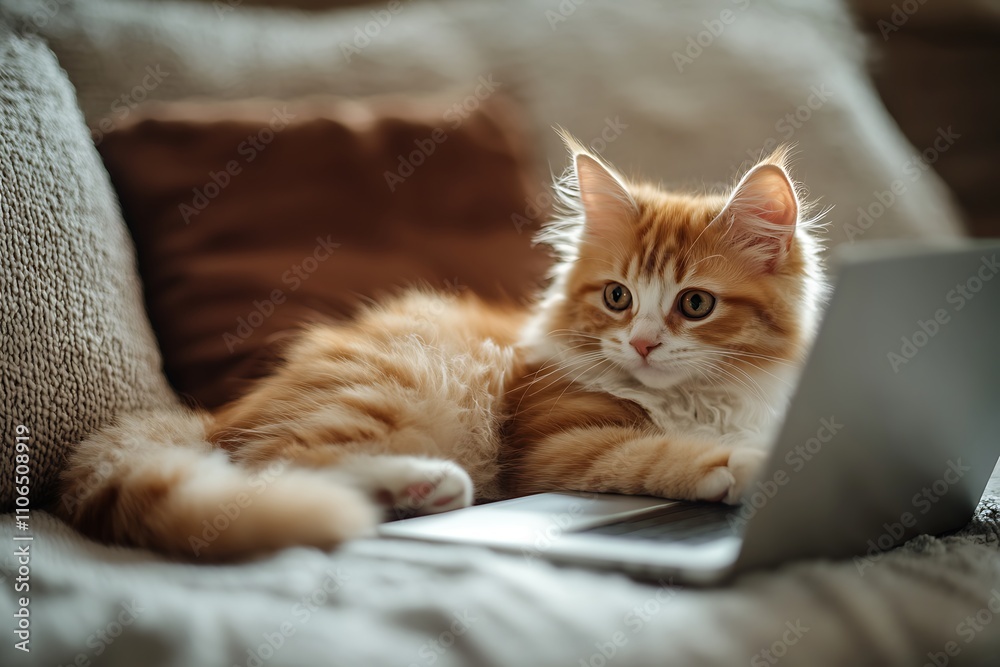 Ginger Cat on Laptop, Cozy Home Office Ginger Cat on Laptop, Cozy Home Office