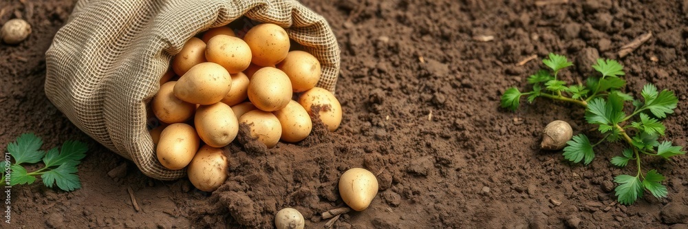 Fresh ripe potatoes spilling out of a rustic burlap sack with dirt, agriculture, fresh Fresh ripe potatoes spilling out of a rustic burlap sack with dirt, agriculture, fresh