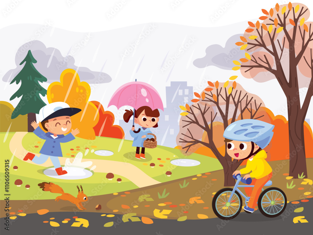 Fototapeta premium Fall in the park with kids walking. Autumn landscape. Children outdoors in cold weather Child riding a bike. Child gathering mushrooms in the forest. Nature with people.
