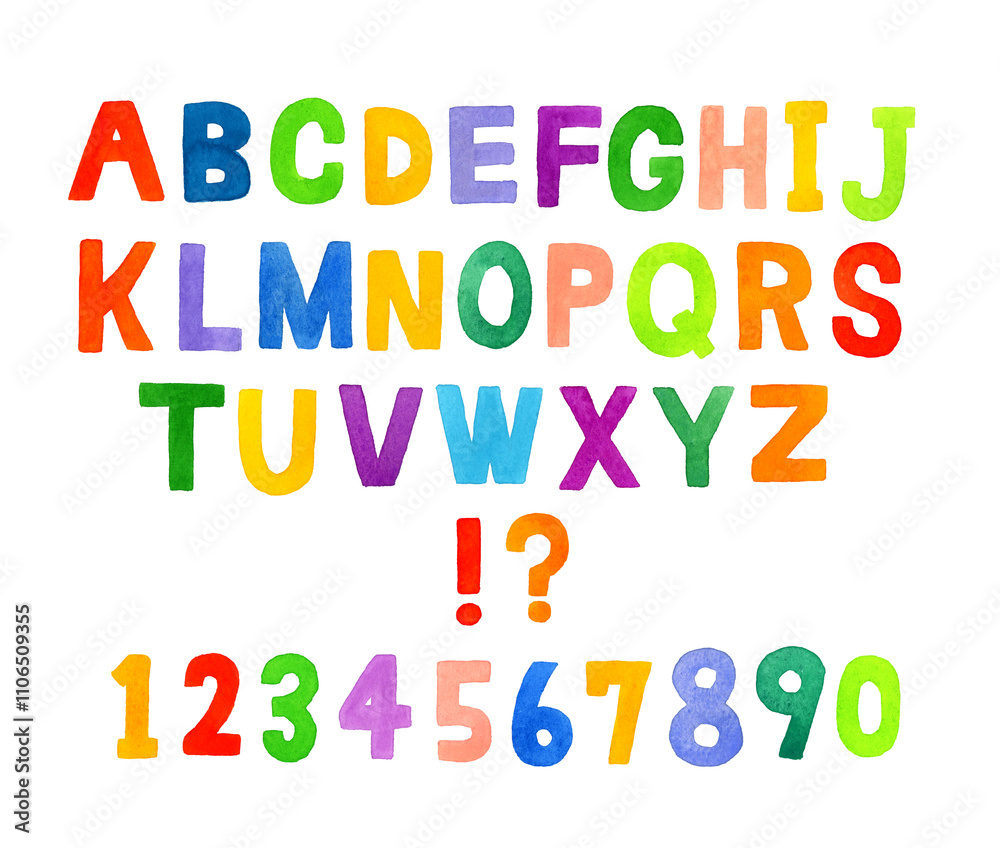 大文字のアルファベットと数字のセット かわいい手描き水彩イラスト・手書き文字の素材 大文字のアルファベットと数字のセット かわいい手描き水彩イラスト・手書き文字の素材
