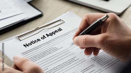 Close-up of a hand filling out a Notice of Appeal document on a desk.