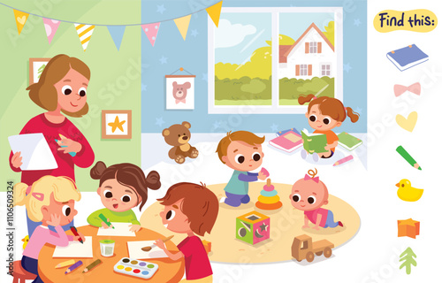 Find hidden objects items in picture puzzle game. Playroom full of  children kids play together having fun, fooling around, in classroom playground. Preschool Childrens activity in kinder garden