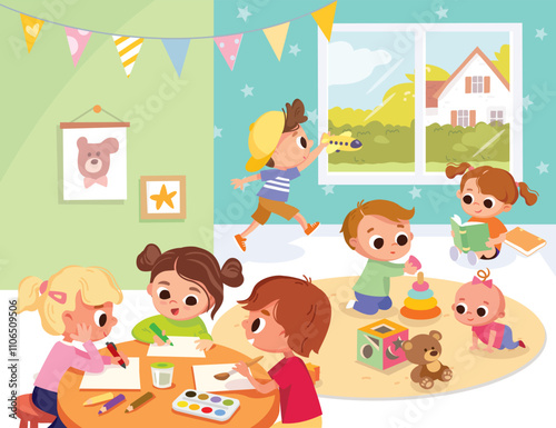 Playroom with children. kids play together having fun, fooling around in fine good mood, on playroom, playground. Preschool kids have fun. Children's activity in the kinder garden, primary school.