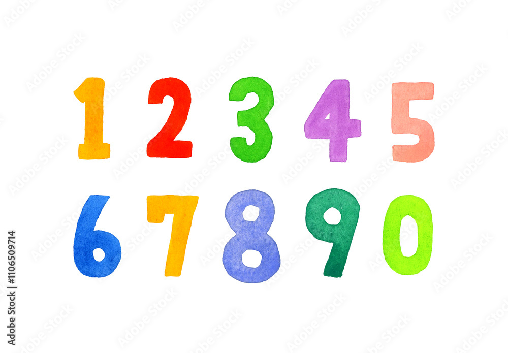 Naklejka premium かわいい数字のセット（カラフル・シンプル） 手描き水彩イラスト・手書き文字の素材