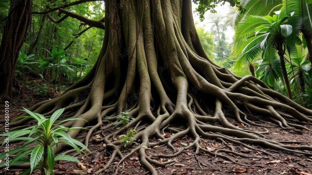 Fototapeta premium Old tree with huge roots spreading out in lush green jungle forest, growth, big roots