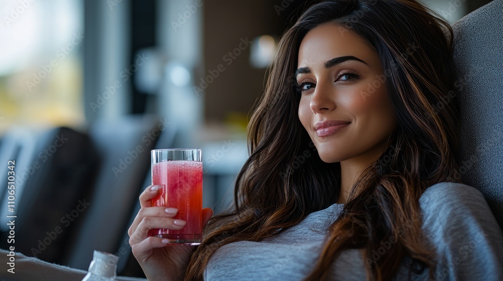 Relaxing Woman Enjoying Refreshing Beverage at Home Relaxing Woman Enjoying Refreshing Beverage at Home