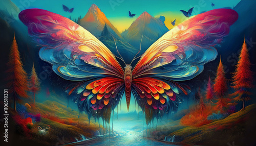 Watercolor painting, dripping, in the shape of a multi-colored butterfly.
