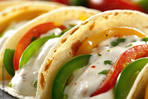 Close-up of vibrant tacos loaded with fresh peppers, creamy dressing, and herbs, perfectly captured by Generative AI. photo