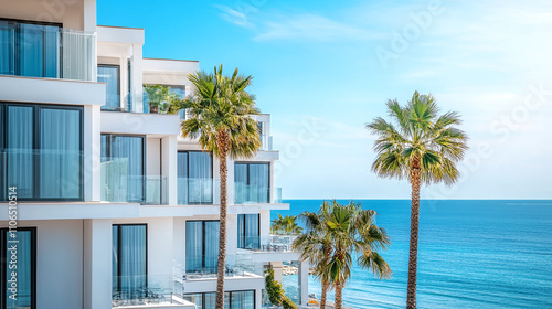 Luxurious modern hotel apartment architecture with white windows and terrace or balcony. expensive holiday travel resort, palms, beach and sea are seen outdoors. tourism villa accommodation.