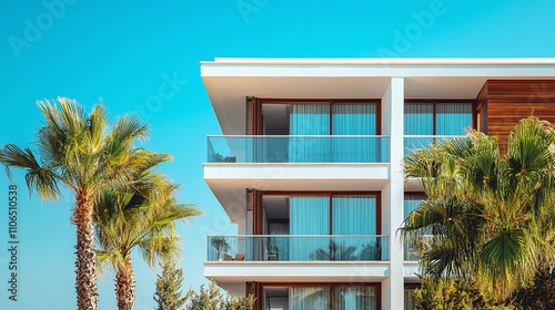 Luxurious modern hotel apartment architecture with white windows and terrace or balcony. expensive holiday travel resort, palms, beach and sea are seen outdoors. tourism villa accommodation.
