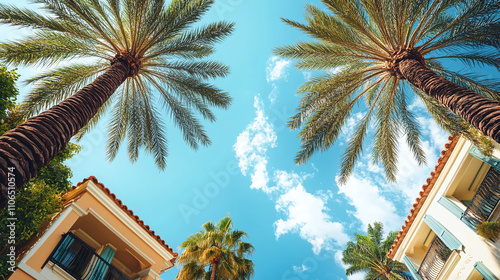 Luxury neighborhood house home buildings architecture surrounded by palm trees. blue sky, residental mansion, tropical miami florida summer real estate property for rich and wealthy.