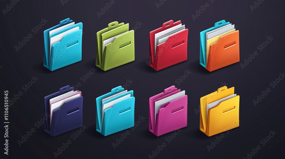 Set of icon document folder file business objects of different colors isolated. paperwork storage organization, work data archive, computer directory portfolio, bureaucracy, bookkeeping management. Set of icon document folder file business objects of different colors isolated. paperwork storage organization, work data archive, computer directory portfolio, bureaucracy, bookkeeping management.