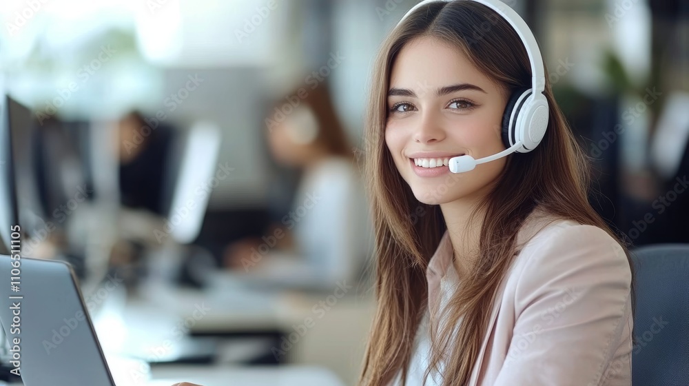 Customer Service Executive in Modern Office Environment Engaging with Clients via Phone and Computer Customer Service Executive in Modern Office Environment Engaging with Clients via Phone and Computer