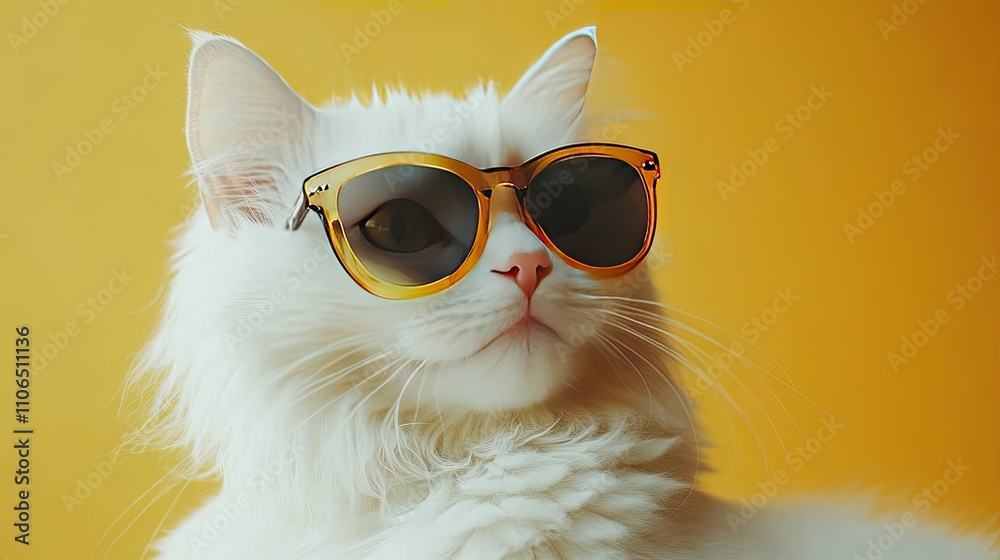 Fototapeta premium Fluffy White Cat with Sunglasses on Yellow Background