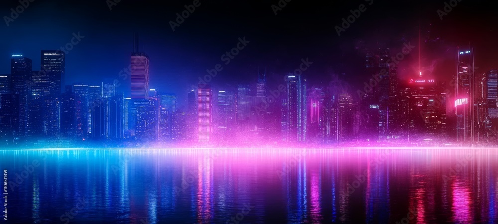 Futuristic Cityscape Night Scene with Neon Lights and Reflective Water Futuristic Cityscape Night Scene with Neon Lights and Reflective Water