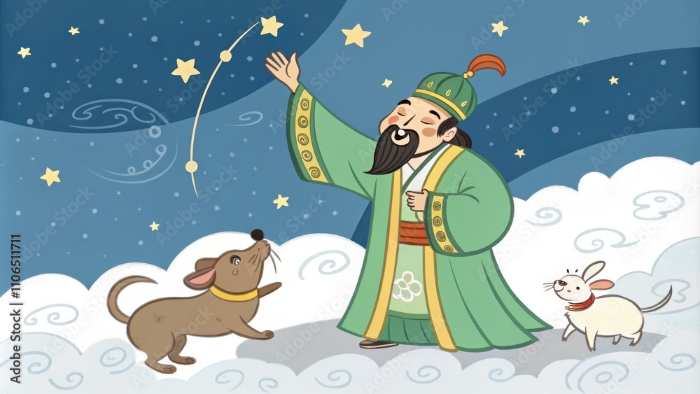 Naklejka premium Surrounded by ling stars and wisps of ethereal mist the Jade Emperor raises his hand casting a magical aura that envelops the zodiac animals. The dog barks playfully the rat