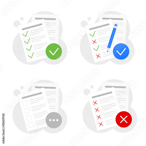 Paper set with correct and wrong answers. Test list. Plan or checklist. Correct tasks with a green tick. Isolated vector illustration.