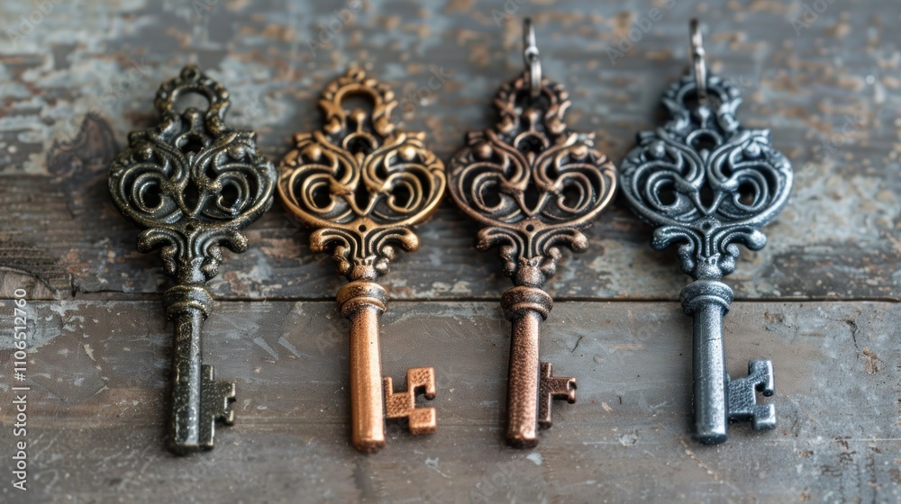 A collection of ornate decorative keys in various finishes on a wooden surface. A collection of ornate decorative keys in various finishes on a wooden surface.