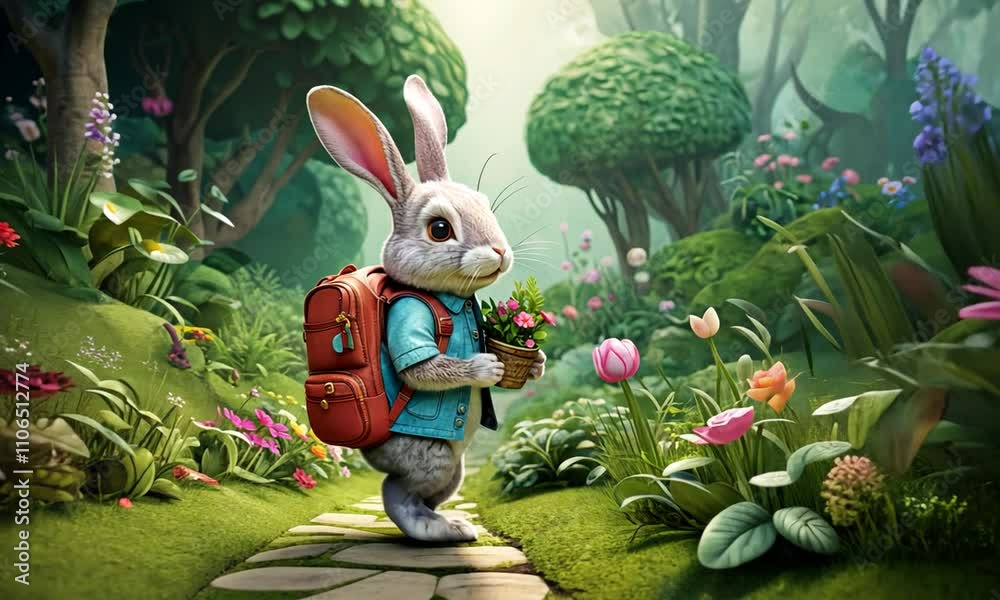 A rabbit is holding a flower pot and wearing a backpack