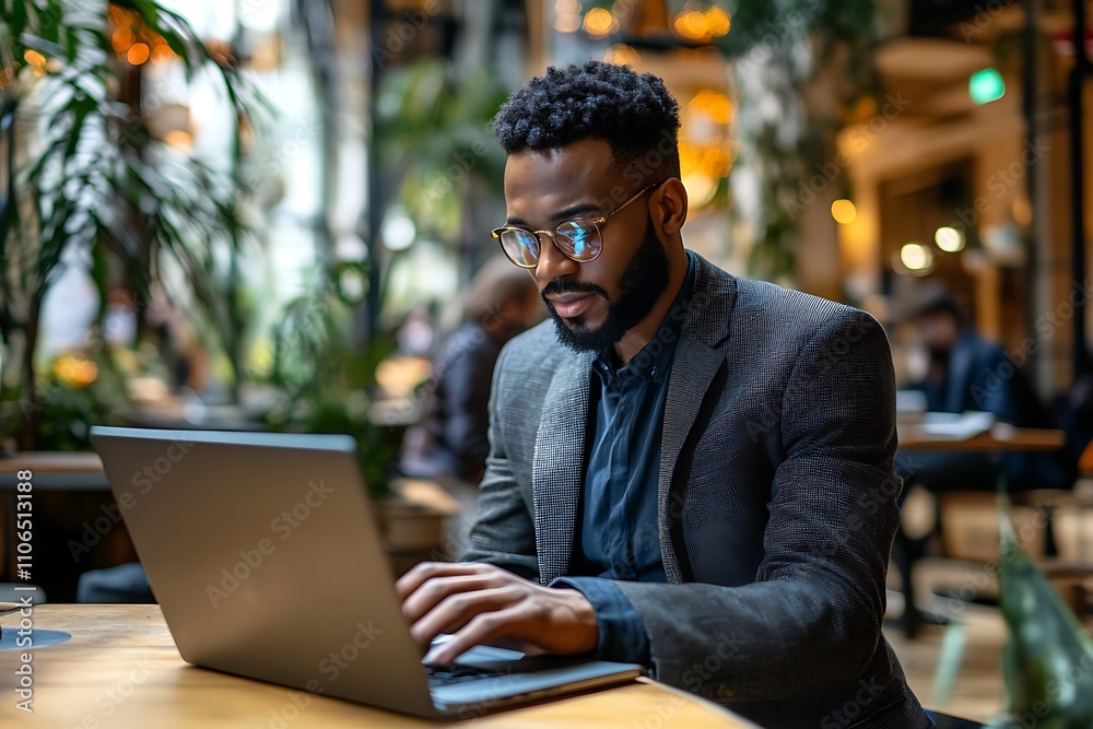 Businessman working on laptop in cafe. Concept of productivity, modern business, and digital work. Businessman working on laptop in cafe. Concept of productivity, modern business, and digital work.