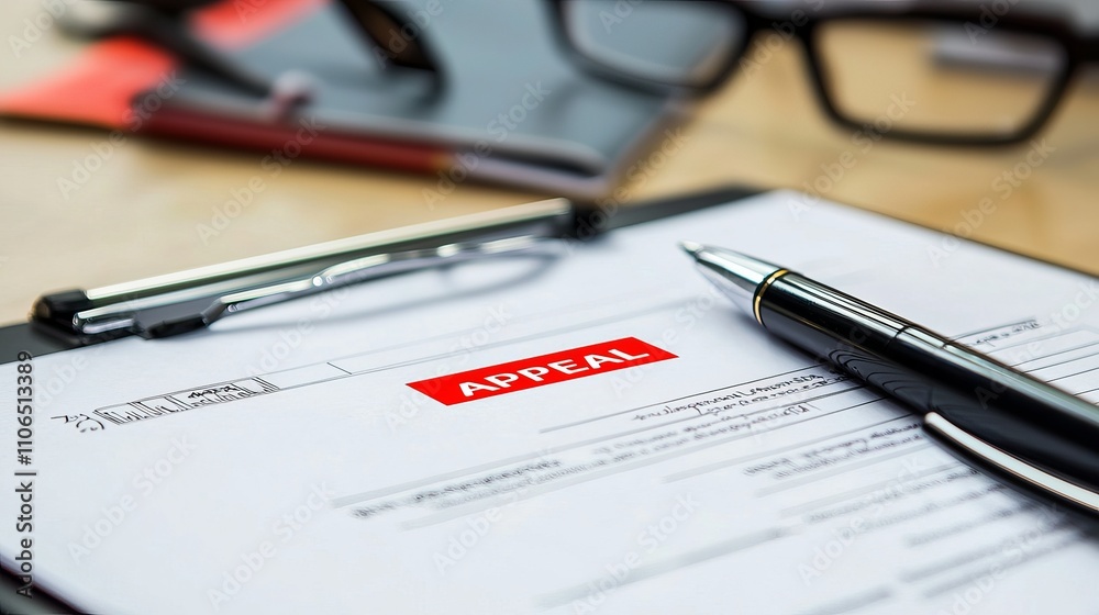 Close-up of an appeal document on a desk, accompanied by a pen and glasses. Close-up of an appeal document on a desk, accompanied by a pen and glasses.
