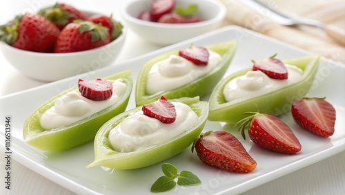 Flad edible pods filled with yogurt offering a fun messfree way to enjoy creamy snacks. photo