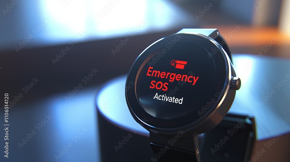 Fototapeta premium A close-up of a black smartwatch displaying 'Emergency SOS Activated' on the screen, illuminated in a sleek setting.