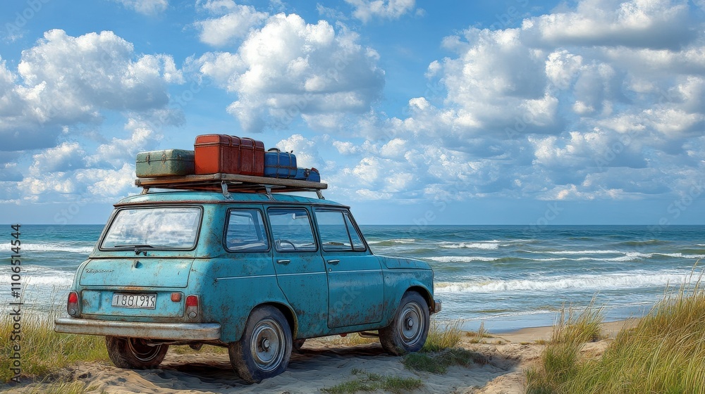 Obraz premium Vintage Car with Luggage on Roof by Seaside under Blue Sky and Fluffy Clouds Inviting Adventure and Road Trip Memories on Coastal Vacation Day