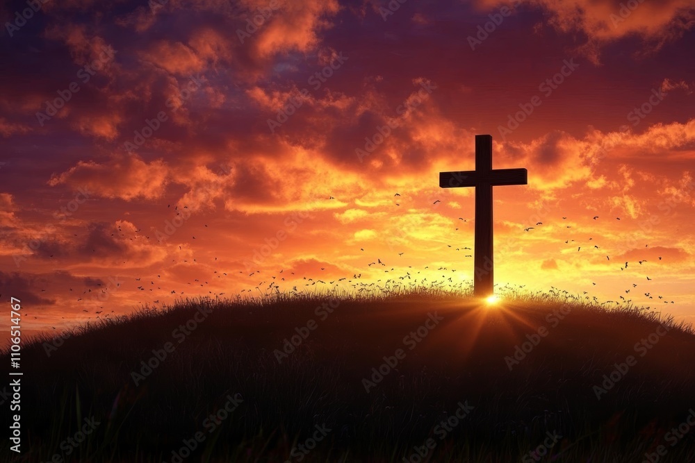 Cross at Sunset on Grassy Hill with Dramatic Sky Cross at Sunset on Grassy Hill with Dramatic Sky
