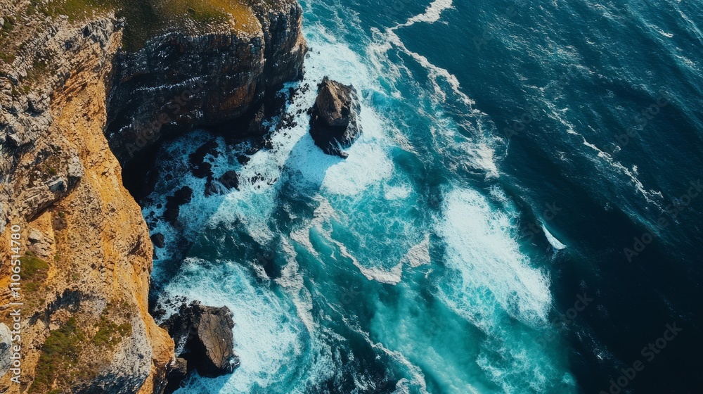 Aerial view of dramatic ocean waves crashing against rugged cliffs. Aerial view of dramatic ocean waves crashing against rugged cliffs.