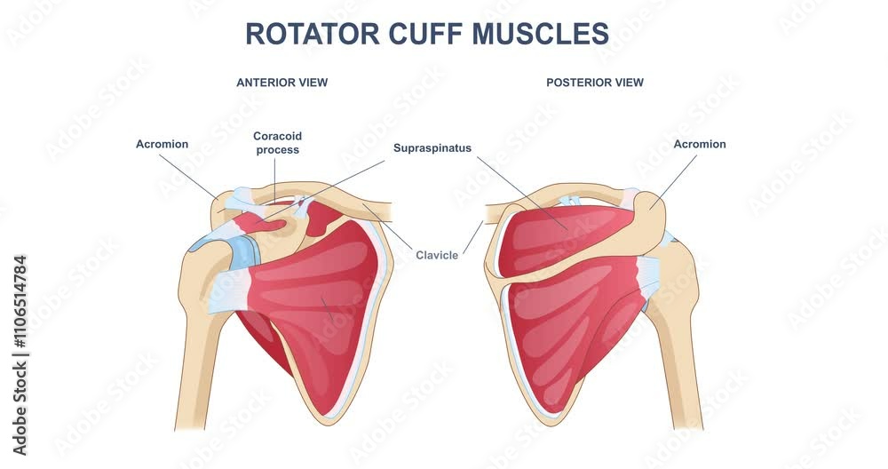 Rotator cuff muscles infographic. Moving banner with shoulders and bones. Human anatomy and biology. Medical educational materials. Normal posture. Cartoon flat animated graphics