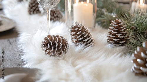 White faux fur table runners with silver pinecones scattered on top for a winter-inspired feel. photo