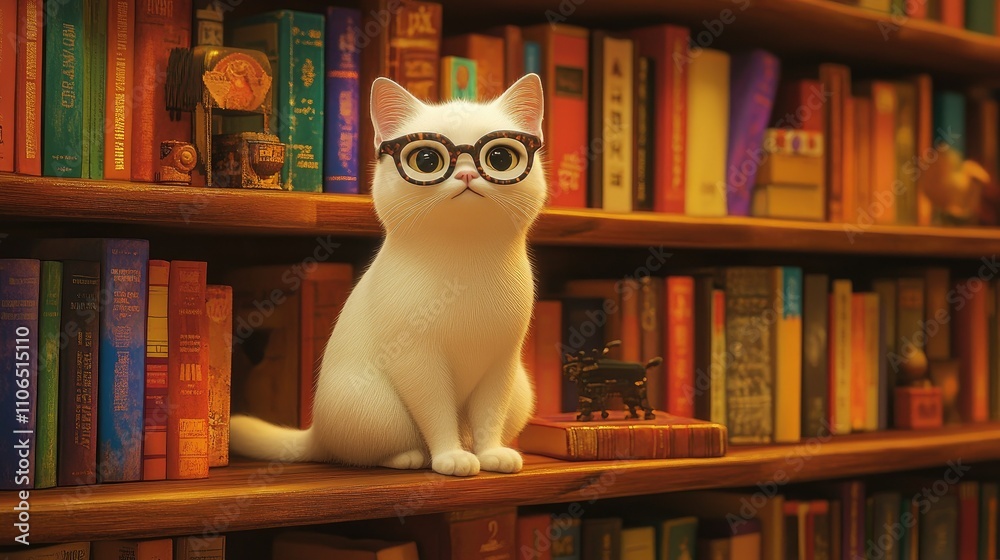 Quirky White Cat with Glasses in a Cozy Library Setting Quirky White Cat with Glasses in a Cozy Library Setting