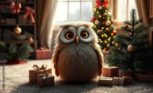 owl christmas The christmas tree with presents stand in the center of room  animal, decoration, season, bird photo