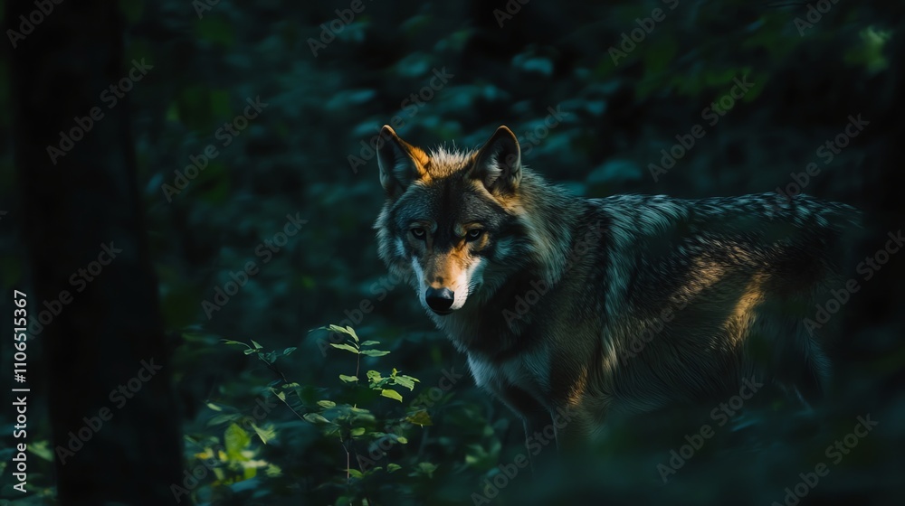 A wolf in a forest looks intently at the camera. A wolf in a forest looks intently at the camera.