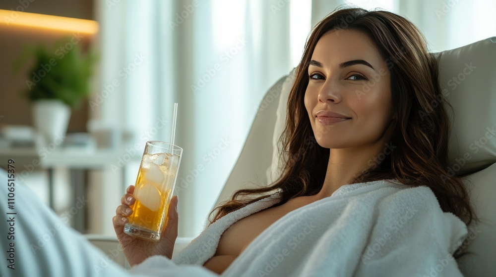 Relaxing Woman Enjoying a Refreshing Drink at Home Relaxing Woman Enjoying a Refreshing Drink at Home