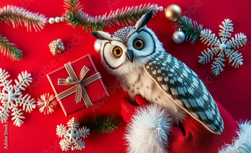 owl wearing santa hat, red and white holiday theme, festive ornaments, pine branches, snowflakes, christmas gift box, vibrant colors, high detail, bright and cheerful atmosphere, top-down view
 photo