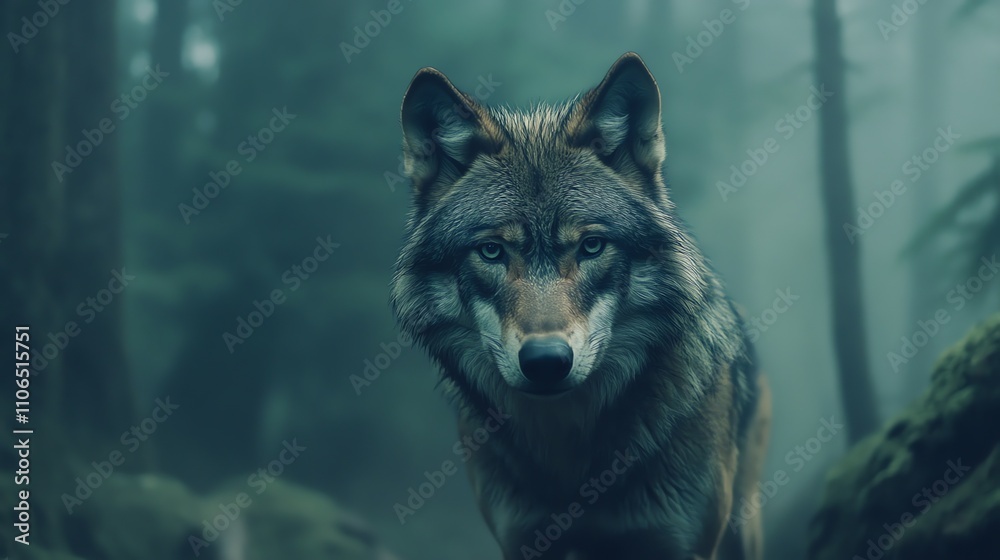 A wolf with piercing eyes stares intensely at the camera from behind a bush of green leaves. A wolf with piercing eyes stares intensely at the camera from behind a bush of green leaves.