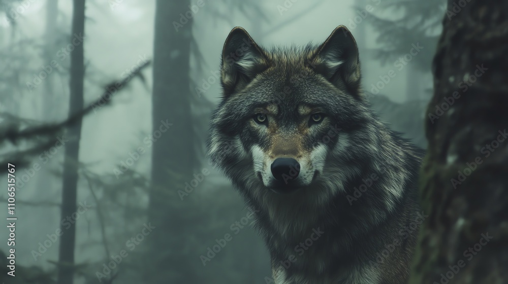 A wolf in a forest looks intently at the camera. A wolf in a forest looks intently at the camera.